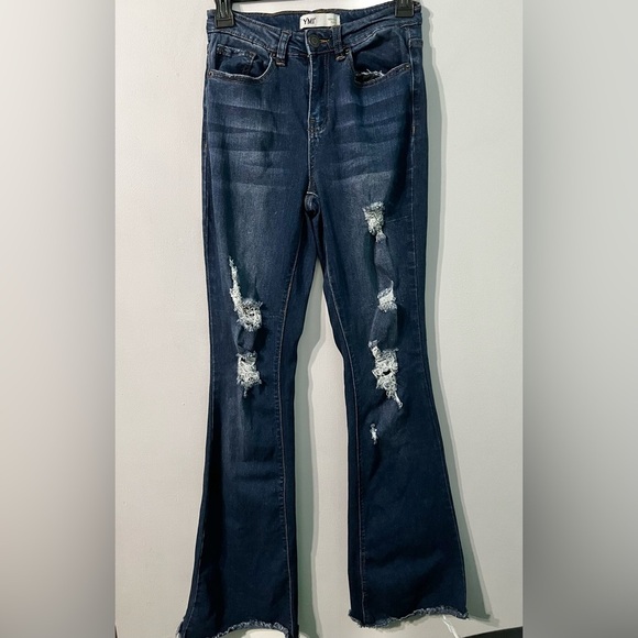 YMI High Rise Flare Distressed Blue Jeans - Picture 3 of 4